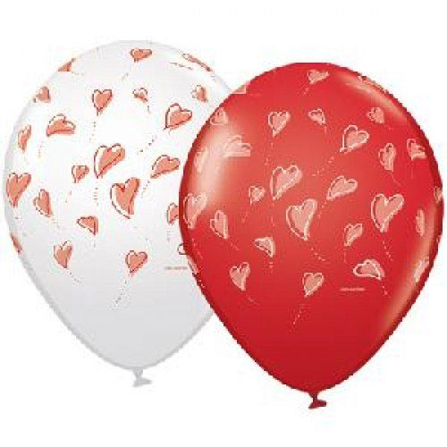 Шар (12''/30 см) Парящие сердца, Белый/Красный, Ассорти, пастель, 5 ст, 1 шт.