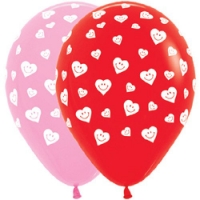 Шар (12''/30 см) Сердечки-смайлики, Розовый (009) / Красный (015), Ассорти, пастель, 5 ст, 1 шт.
