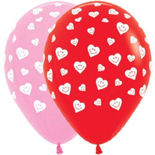 Шар (12''/30 см) Сердечки-смайлики, Розовый (009) / Красный (015), Ассорти, пастель, 5 ст, 1 шт.
