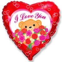 Шар (18''/46 см) Сердце, Медведь с розами, Красный