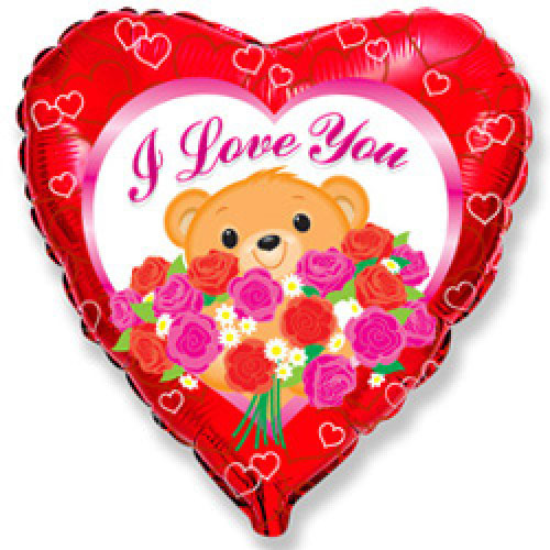 Шар (18''/46 см) Сердце, Медведь с розами, Красный
